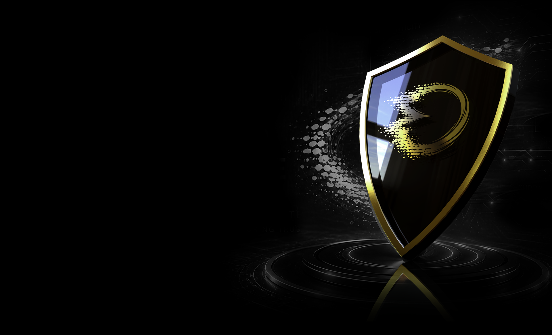 A gold-edged OBSIDIA security shield standing on a tiered pedestal in a dark circuit-lit space